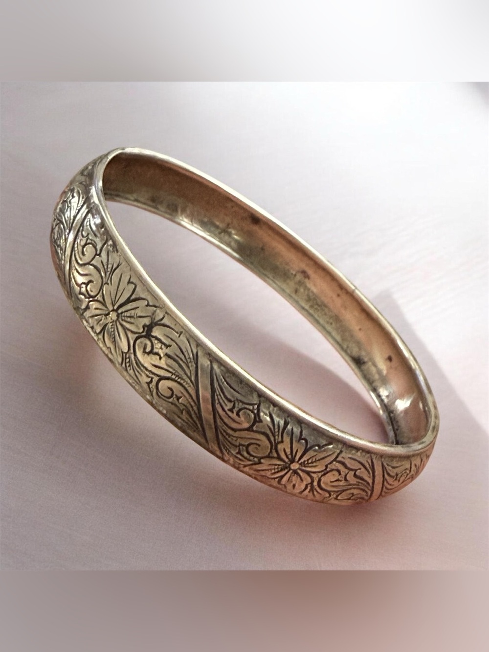 Floral Engraved Silver Bangle Bracelet by Mid-Century Brand Beau Silver
